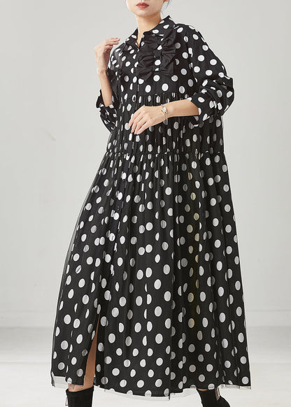 Black Dot Print Bow Tullle Long Dresses Spring Yu1005