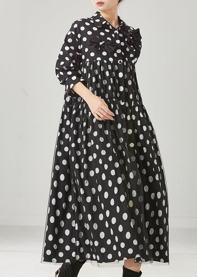 Black Dot Print Bow Tullle Long Dresses Spring Yu1005