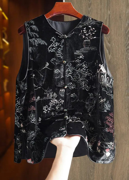 Embroidered Button Silk Velour Waistcoat