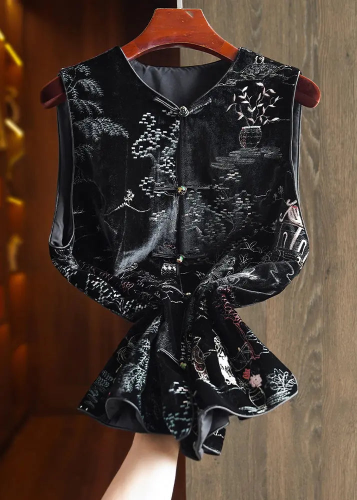 Embroidered Button Silk Velour Waistcoat