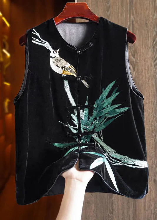 Embroidered Button Silk Velour Waistcoat Sleeveless
