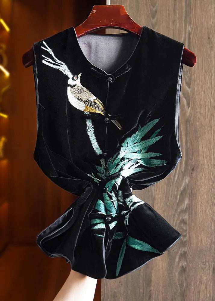 Embroidered Button Silk Velour Waistcoat Sleeveless