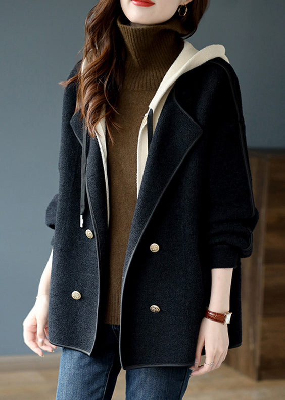 Black False Two Pieces Patchwork Woolen Hooded Coat Winter Rs022