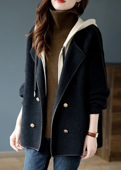 Black False Two Pieces Patchwork Woolen Hooded Coat Winter Rs022