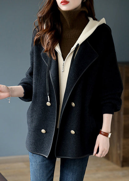 Black False Two Pieces Patchwork Woolen Hooded Coat Winter Rs022