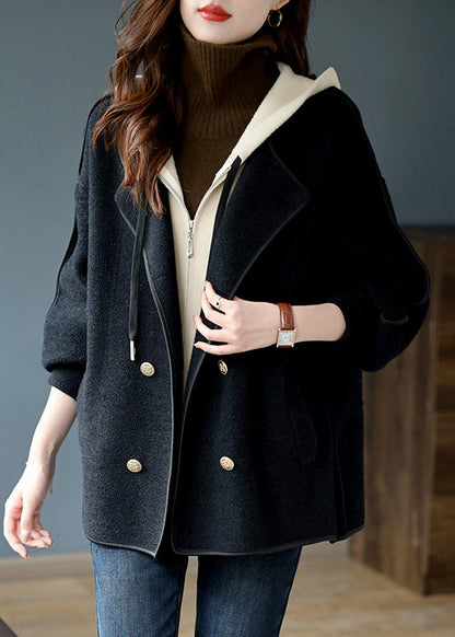 Black False Two Pieces Patchwork Woolen Hooded Coat Winter Rs022