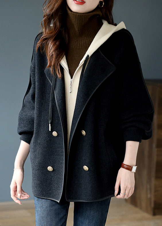 Black False Two Pieces Patchwork Woolen Hooded Coat Winter Rs022
