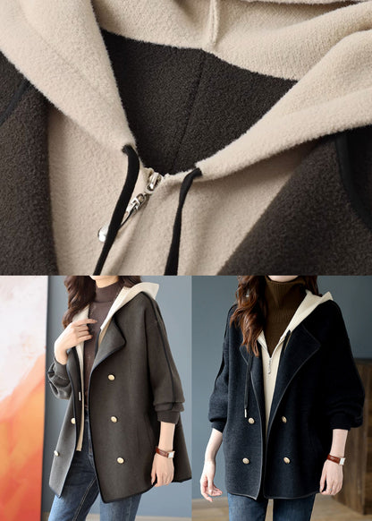 Black False Two Pieces Patchwork Woolen Hooded Coat Winter Rs022