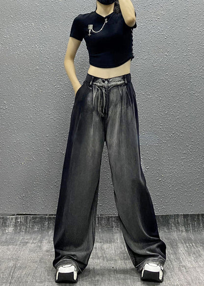 Black Grey Pockets Patchwork Denim Wide Leg Pants Fall Ri008