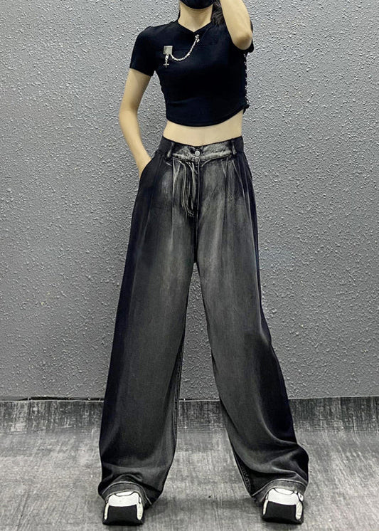 Black Grey Pockets Patchwork Denim Wide Leg Pants Fall Ri008
