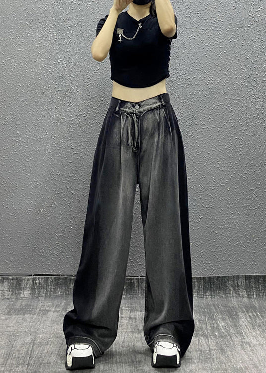 Black Grey Pockets Patchwork Denim Wide Leg Pants Fall Ri008