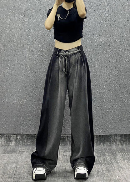 Black Grey Pockets Patchwork Denim Wide Leg Pants Fall Ri008