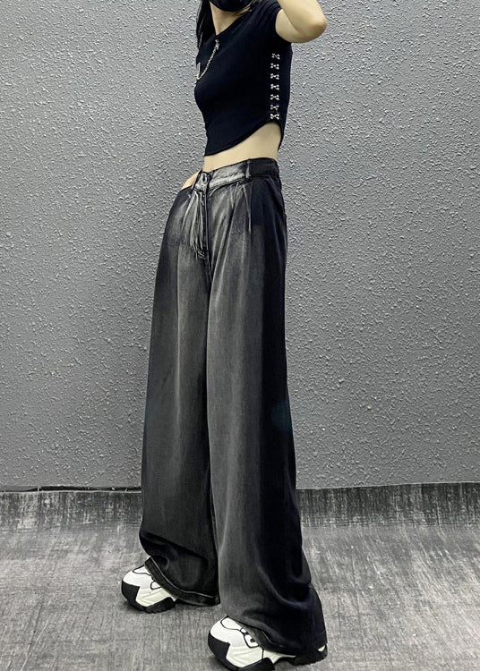 Black Grey Pockets Patchwork Denim Wide Leg Pants Fall Ri008