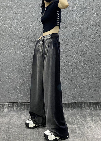 Black Grey Pockets Patchwork Denim Wide Leg Pants Fall Ri008