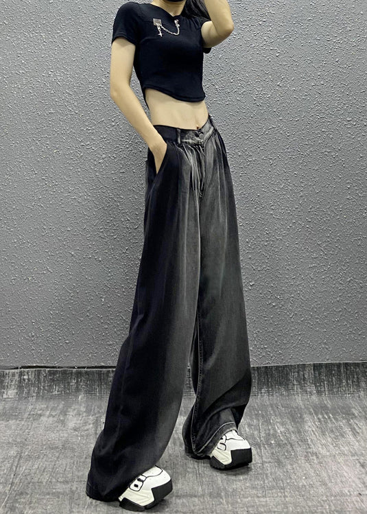 Black Grey Pockets Patchwork Denim Wide Leg Pants Fall Ri008