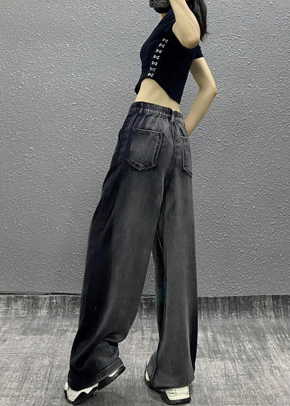 Black Grey Pockets Patchwork Denim Wide Leg Pants Fall Ri008