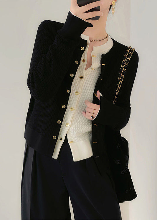 Black O Neck Button Patchwork Knit Cardigan Fall Tu040