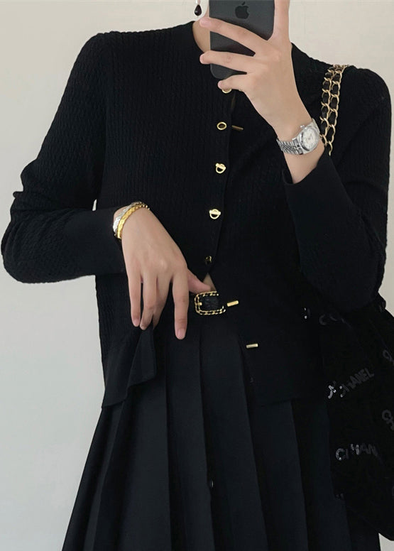 Black O Neck Button Patchwork Knit Cardigan Fall Tu040