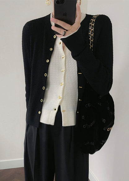 Black O Neck Button Patchwork Knit Cardigan Fall Tu040