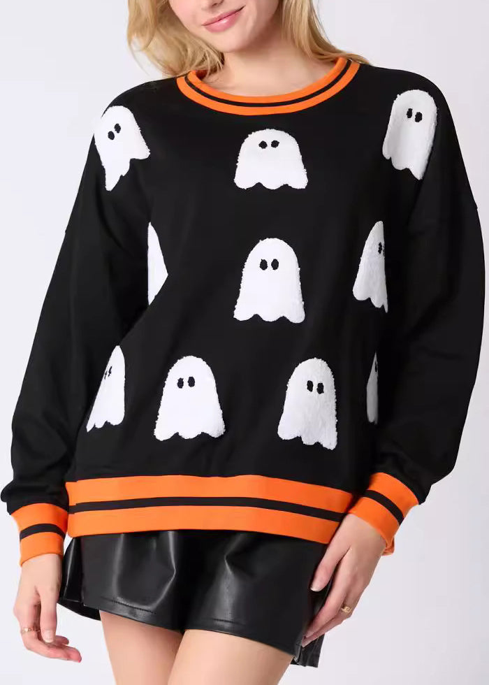 Black O Neck Character Cotton Sweatshirts Long Sleeve Ae1037