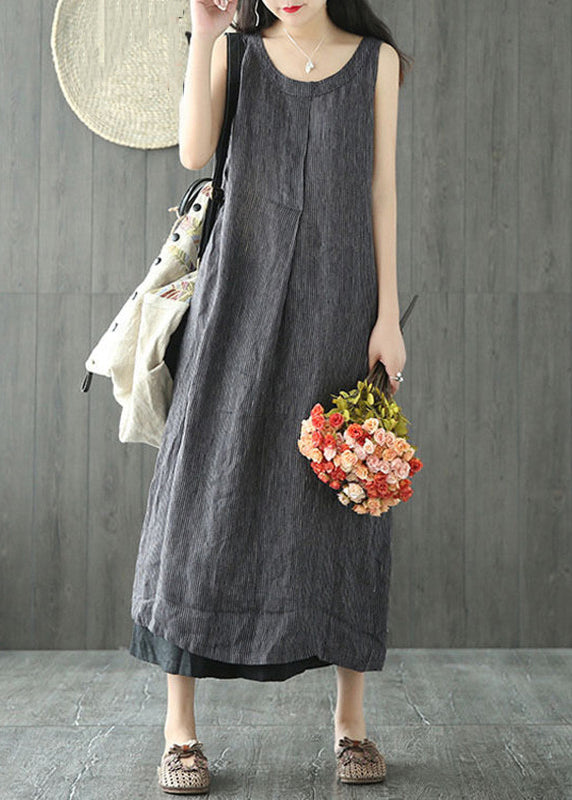 Black O Neck Pockets Linen Long Dresses Sleeveless Ff064