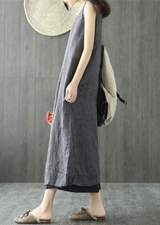 Black O Neck Pockets Linen Long Dresses Sleeveless Ff064