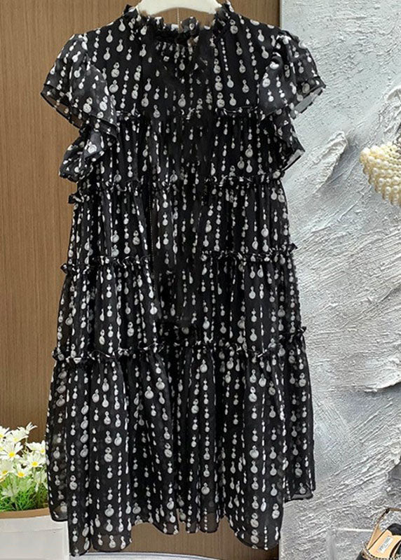 Black O-neck Ruffled Patchwork Dot Print Long Dress Short Sleeve Vb1055