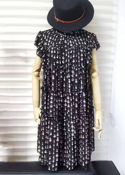 Black O-neck Ruffled Patchwork Dot Print Long Dress Short Sleeve Vb1055
