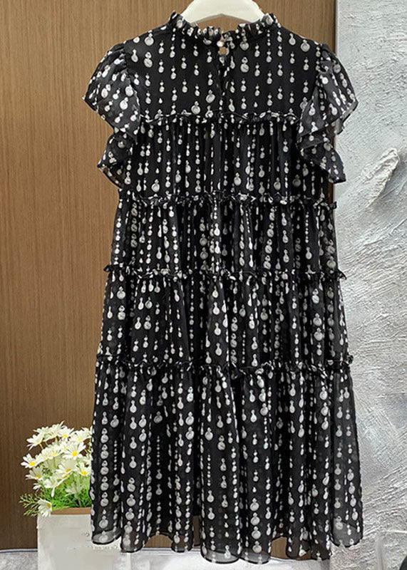 Black O-neck Ruffled Patchwork Dot Print Long Dress Short Sleeve Vb1055