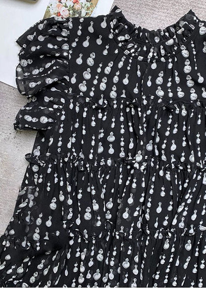 Black O-neck Ruffled Patchwork Dot Print Long Dress Short Sleeve Vb1055