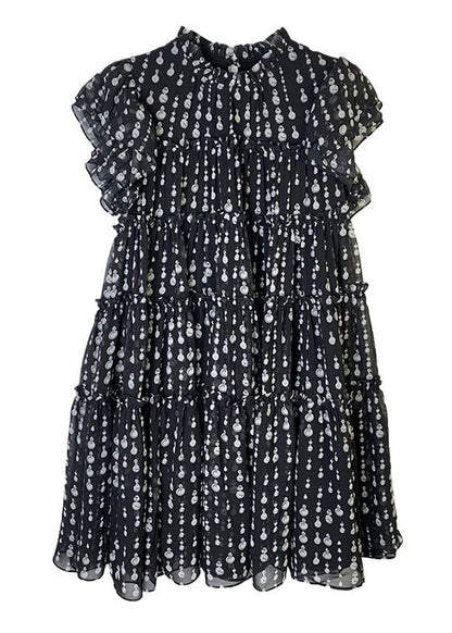 Black O-neck Ruffled Patchwork Dot Print Long Dress Short Sleeve Vb1055
