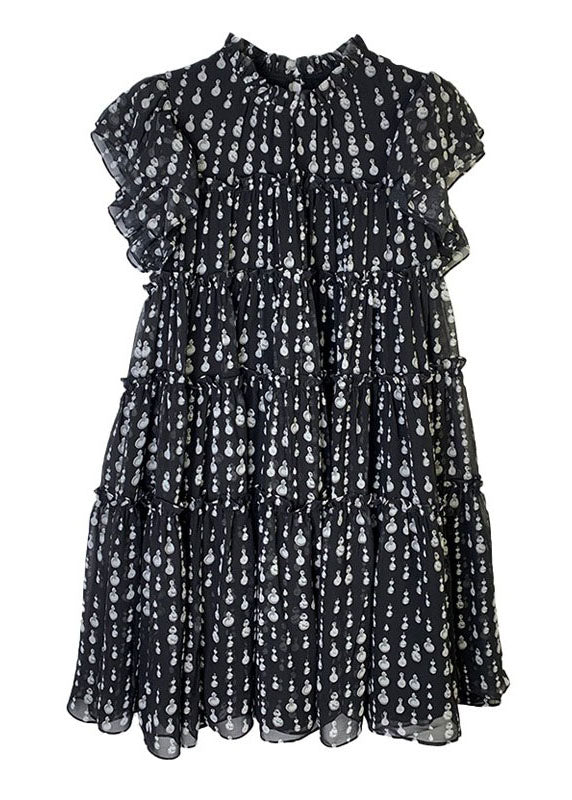 Black O-neck Ruffled Patchwork Dot Print Long Dress Short Sleeve Vb1055