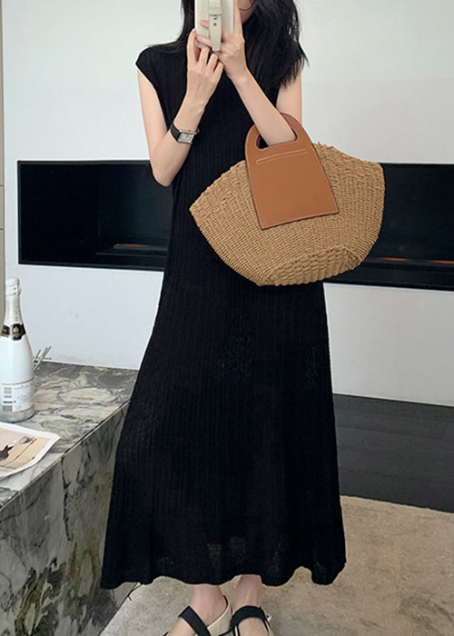 Black O-neck Knit Long Dresses Summer Zl010