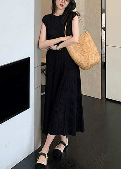 Black O-neck Knit Long Dresses Summer Zl010