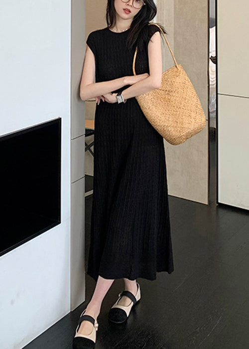 Black O-neck Knit Long Dresses Summer Zl010