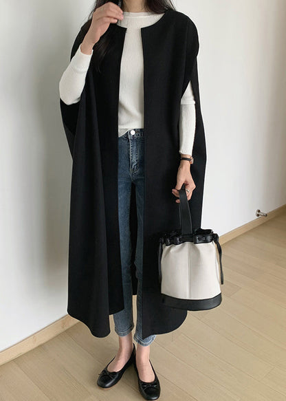 Black Oversized Pockets Woolen Coats Sleeveless Tz019