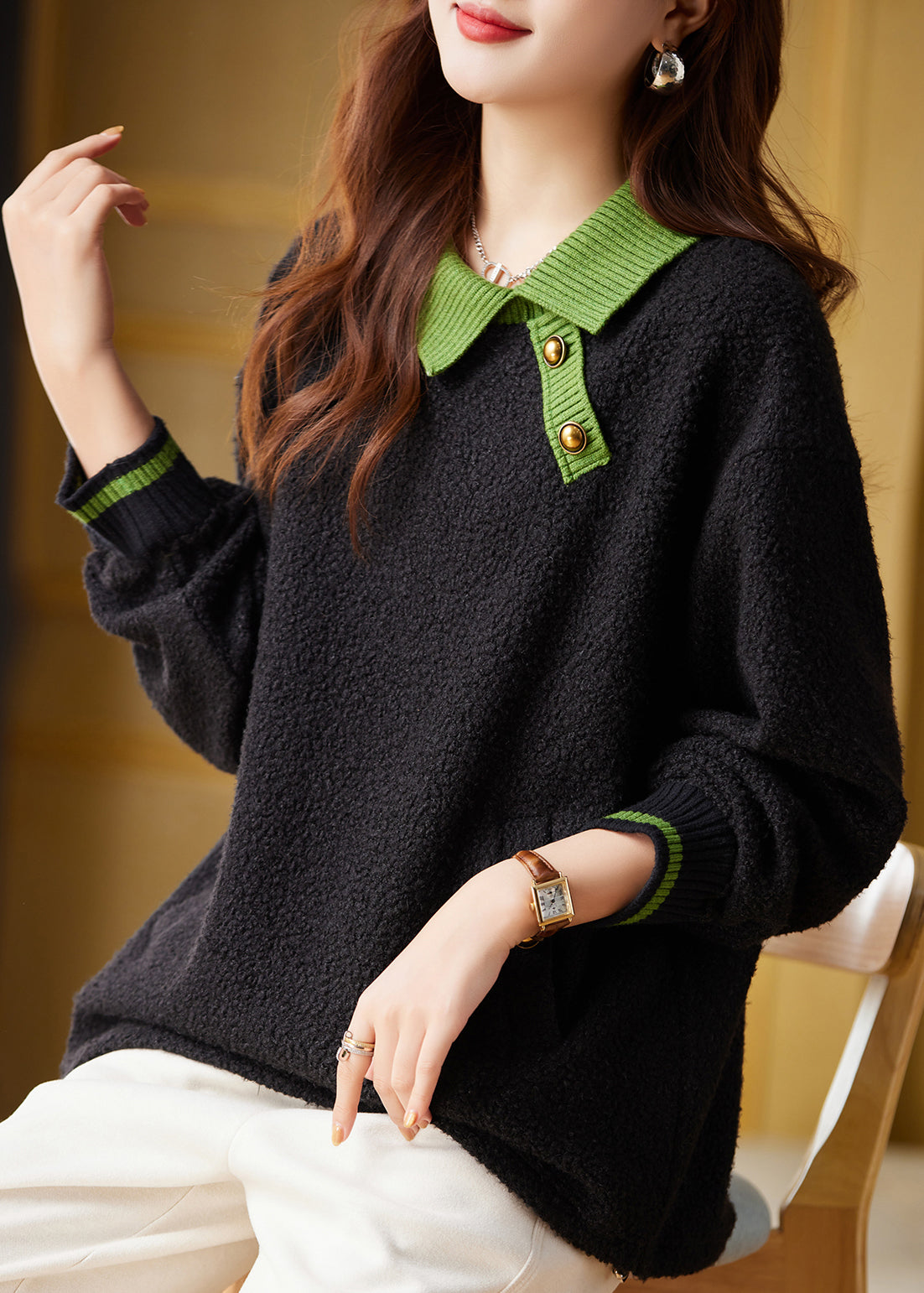 Black Peter Pan Collar Faux Fur Pullover Sweatshirt Fall Ql057
