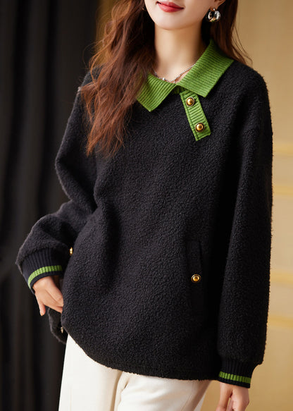 Black Peter Pan Collar Faux Fur Pullover Sweatshirt Fall Ql057