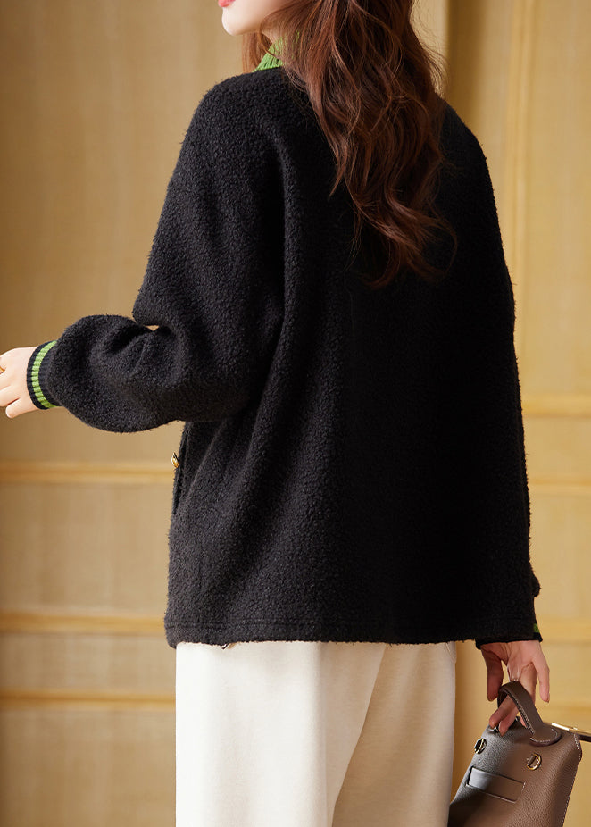 Black Peter Pan Collar Faux Fur Pullover Sweatshirt Fall Ql057