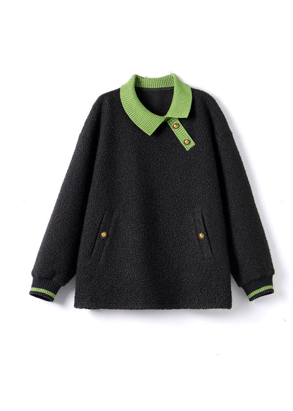 Black Peter Pan Collar Faux Fur Pullover Sweatshirt Fall Ql057