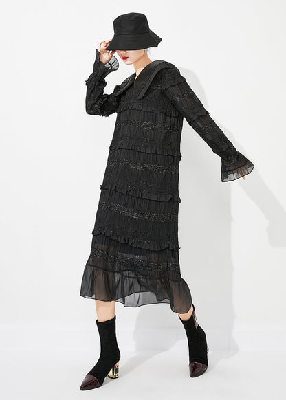 Black Peter Pan Collar Ruffled Patchwork Wrinkled Long Dress Spring Ly0884