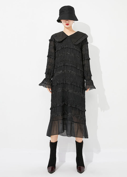Black Peter Pan Collar Ruffled Patchwork Wrinkled Long Dress Spring Ly0884
