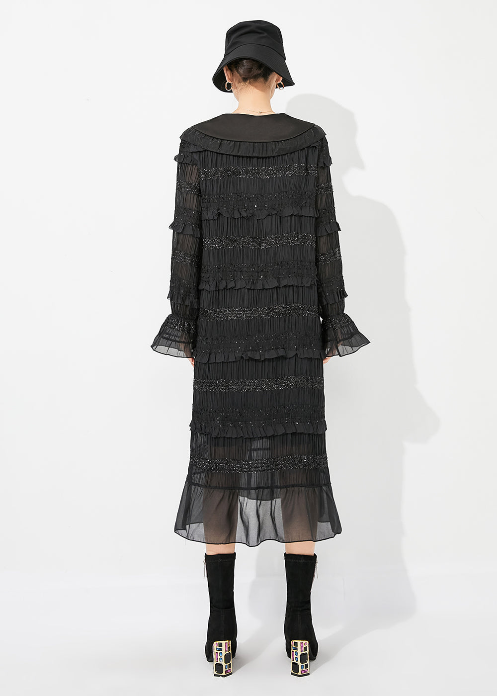 Black Peter Pan Collar Ruffled Patchwork Wrinkled Long Dress Spring Ly0884