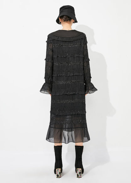 Black Peter Pan Collar Ruffled Patchwork Wrinkled Long Dress Spring Ly0884