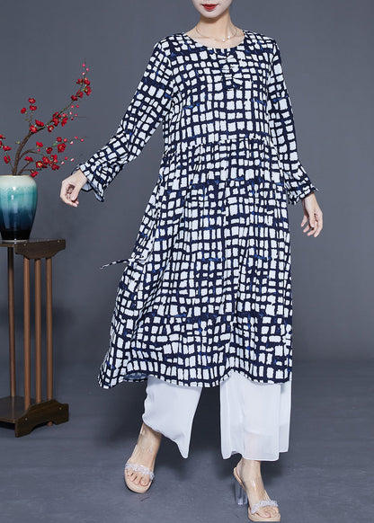 Black Plaid Tie Waist Chiffon Long Dress Summer Lc0368