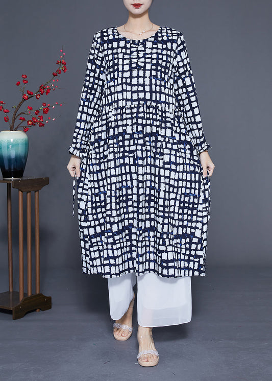 Black Plaid Tie Waist Chiffon Long Dress Summer Lc0368