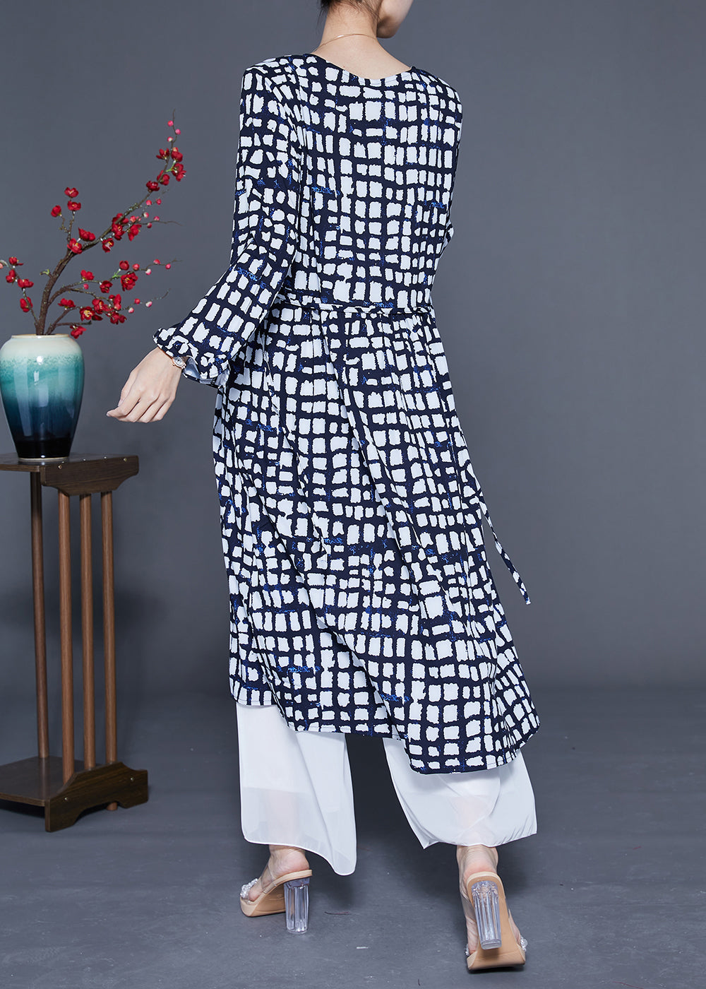 Black Plaid Tie Waist Chiffon Long Dress Summer Lc0368