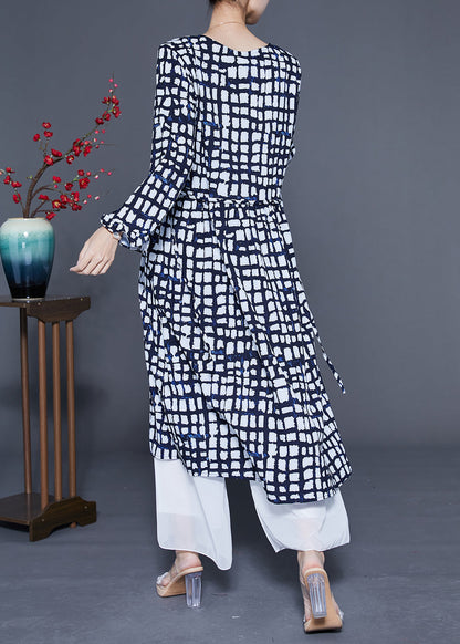 Black Plaid Tie Waist Chiffon Long Dress Summer Lc0368