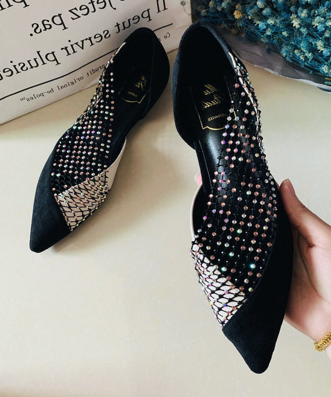 Black Pointed Toe Tulle Zircon Flat Shoes for Rt1005