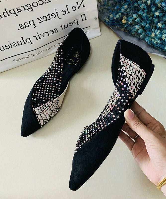 Black Pointed Toe Tulle Zircon Flat Shoes for Rt1005